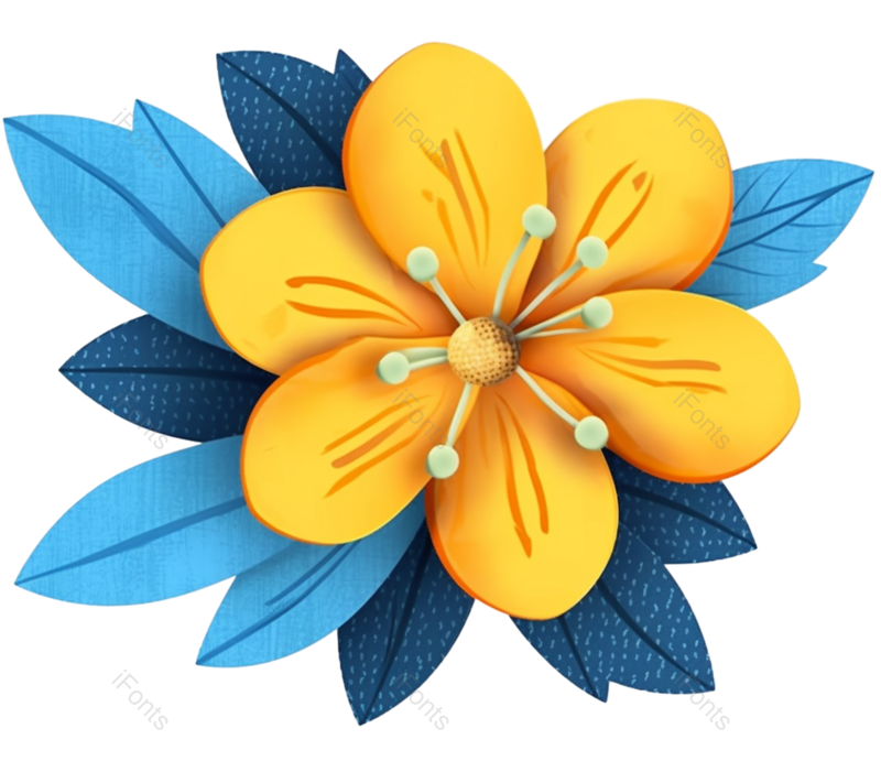 叶子图片,黄色的花元素,插画PNG,蓝色免抠素材